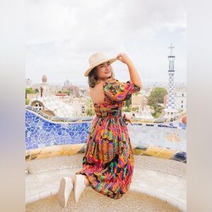 HOUSE OF HARLOW 1960 Multicolored Balloon Sleeve Smocked Midi/Maxi Dress Size L